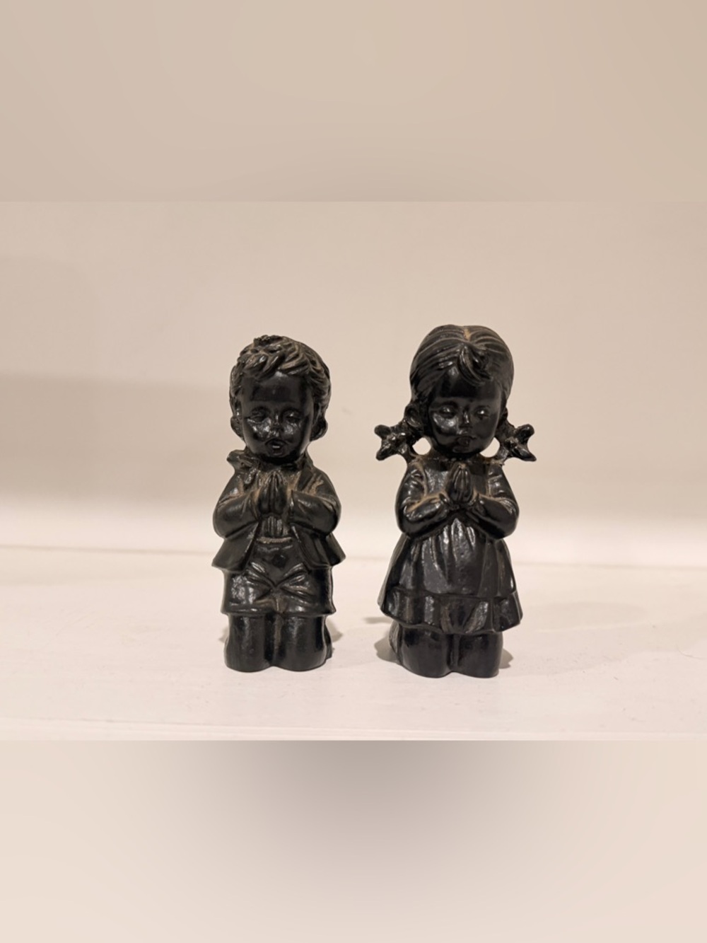 Hand Crafted Black Praying Boy and Girl Ceramic Figurines